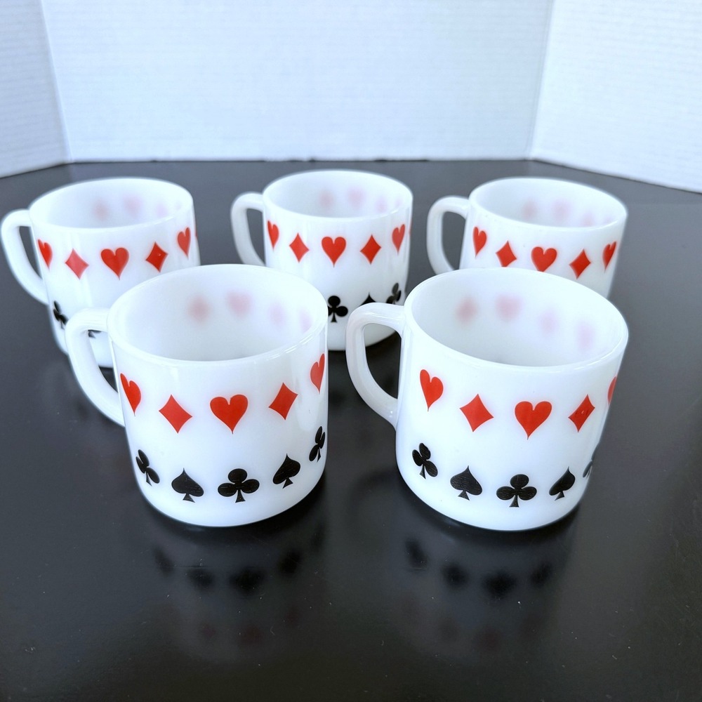 Federal Glass Set of 5 Mugs Playing Card Suits Diamonds Spades Hearts Clubs